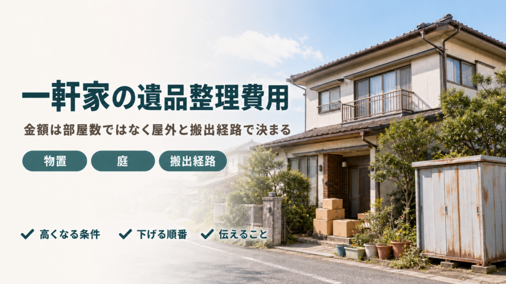 一軒家の遺品整理費用が屋外と搬出経路で決まることを示したバナー